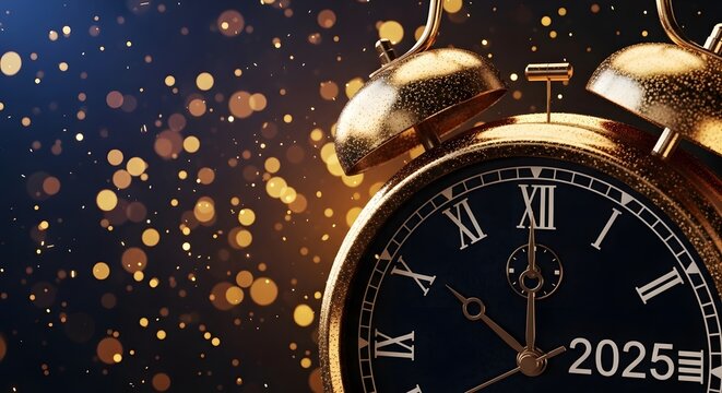 Closeup of a golden alarm clock showing almost midnight with the year 2025 on the clock face, symbolizing the upcoming new year and time passing by - Powered by Adobe