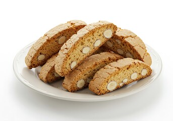 Delicious almond biscotti cookies displayed on a white plate and background
