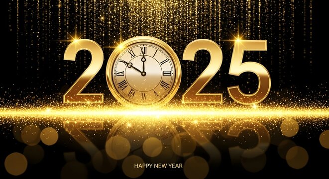 Elegant 2025 new year celebration design with golden numbers, clock, glitter, and bokeh lights on a dark background, perfect for festive greetings and invitations