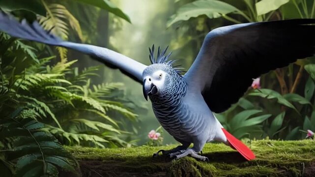 A gray parrot perched on a mossy branch in a lush green forest with pink flowers behind it bird video