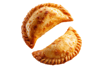 Argentina and Uruguay empanadas stacked in a pyramid, golden baked crust, meat and potato filling, isolated on white transparent background, concept of traditional South American Cuisine