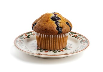 Delicious blueberry muffin on a decorative plate isolated on white background