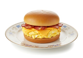 Delicious breakfast sandwich on plate with eggs bacon and cheese isolated