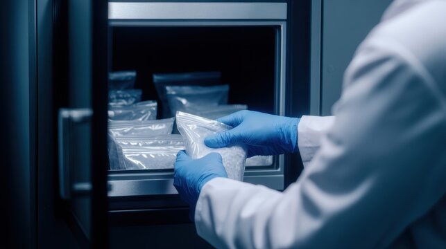 A lab technician in gloves carefully retrieves a sealed bag from a cold storage unit in a sterile environment - Powered by Adobe