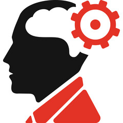 Silhouette Profile of a Head with a Red Gear in the Brain Area Symbolizing Mechanical Thinking and Engineering Innovation on a Transparent Background
