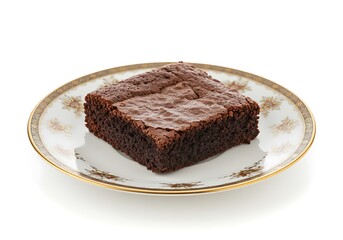 Delicious brownie slice on decorative plate against clean white background