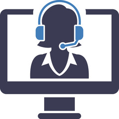 Silhouette of a Woman with Headset and Microphone on a Computer Screen Representing Customer Support or Telecommunication Services with Blue and Dark Blue Colors