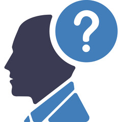 Silhouette Profile of a Human Head with a Blue Question Mark Symbol in a Circle Representing Doubt Confusion or a Problem to Solve on a White Background with Subtle Blue Accents on the Collar and Tie