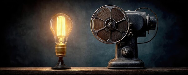 Obraz premium Old cinema projector operating with film concept. A vintage lamp and projector creating a nostalgic atmosphere.