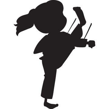 Silhouette of a young girl performing a high kick in martial arts uniform black on white background representing discipline and athleticism