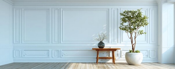 Fototapeta premium Clean white panels and potted plant concept. Bright and serene interior with a table and indoor plant decor.