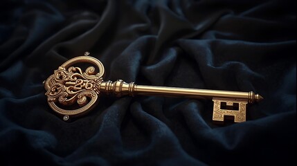 Ornate Golden Skeleton Key on Dark Velvet Fabric.