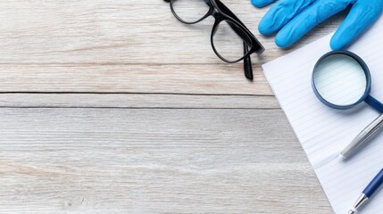 Close-up of a wooden desk with a magnifying glass, notebook, pen, and glasses, ideal for study or research