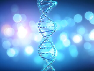 Dna double helix structure on a blurred blue background with glowing bokeh effect design for science and research themes