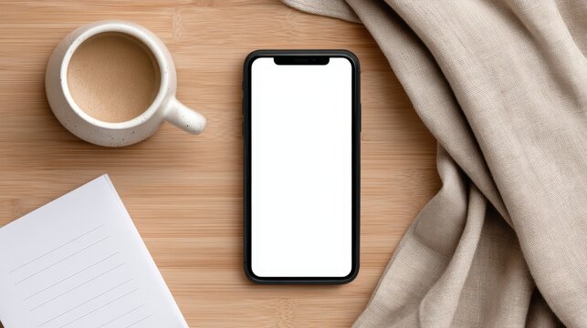 Flat lay of smartphone, coffee, notebook, and wireless earbuds on a wooden table at a urban cafe, in a minimalist workspace layout, soft overcast soft light, with warm beige tones, ideal for digital