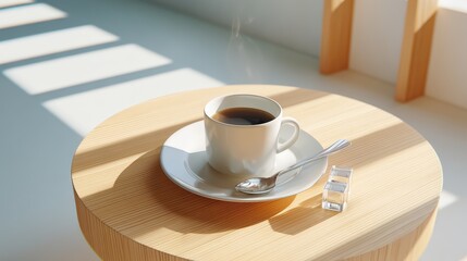 Flat lay of tablet, coffee, notebook, and wireless earbuds on a wooden table at a modern art gallery, in a minimalist workspace layout, soft golden hour, with muted neutral tones, ideal for digital