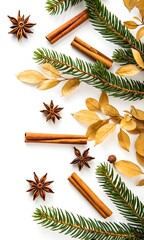 Festive christmas spices and evergreen arrangement on a clean white background layout