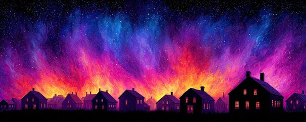 Nighttime neighborhood consumed by raging wildfire concept. Silhouette of houses against a vibrant, colorful night sky.
