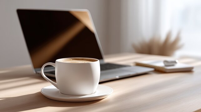 Flat lay of laptop, coffee, notebook, and wireless earbuds on a wooden table at a historic library, in a minimalist workspace layout, soft morning sun, with muted neutral tones, ideal for digital