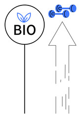 Bio sign with leaves, blue dumbbells, and an ascending arrow symbolizing sustainability, health, progress, and eco-conscious fitness. Ideal for ecology, fitness, organic health growth sustainable
