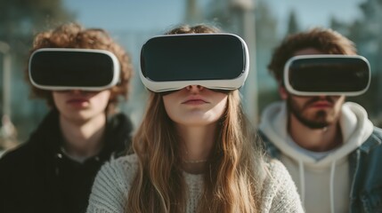 Three Young Adults Engaged in Virtual Reality Experience Outdoors, Bright Daylight, Casual Attire, Focused Expressions