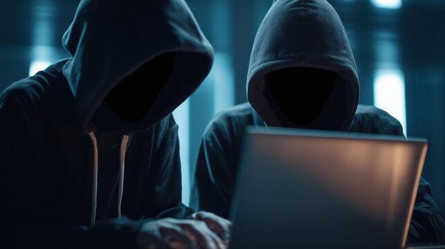 Two Mysterious Hackers in Hoodies Analyzing Data on a Laptop in a Dimly Lit Studio Environment