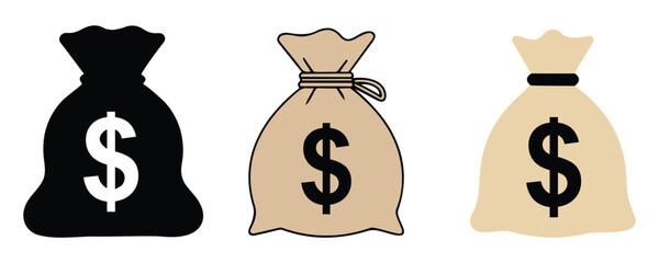 Minimal dollar bag silhouette icon set. Clean money sack symbols for finance, banking, and business design use.