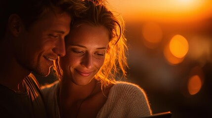 Young couple enjoying a romantic moment while browsing online deals on a tablet during golden hour, with a warm sunset glow in the background.