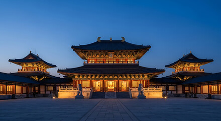 Obraz premium Ancient east asian palace complex illuminated at dusk, showcasing traditional architecture under a deep blue sky