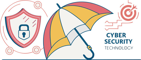 Flat vector illustration showing umbrella protecting laptop with lock and warning shield, symbolizing cybercrime risks, data breach alerts and online security for tech banners, apps and infographics.