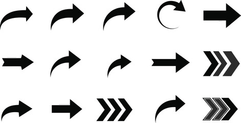 Black arrow vector icons set, collection of web design elements, flat style navigation symbols for app user interface, technology, movement, progress, and directional signposts.