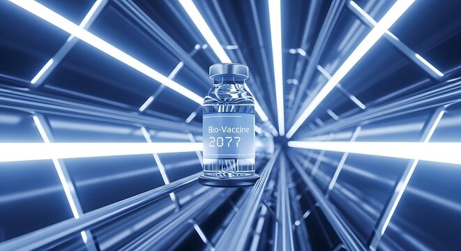 Futuristic Vaccine Vial Amidst Glowing Blue Light Tunnel. - Powered by Adobe