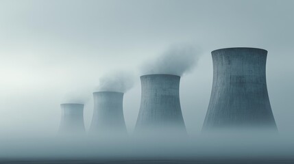 Abstract View of Cooling Towers in Misty Landscape, Evoking a Sense of Environmental Concern and Industrial Aesthetics