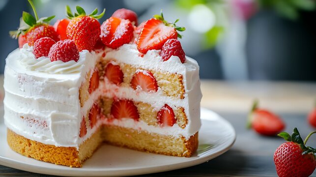 Vanilla cake with cream and strawberries