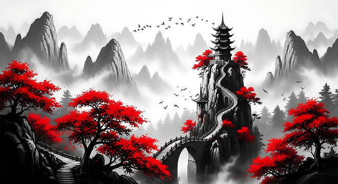 Striking black and white landscape with vibrant red autumn trees and a pagoda on a mountain peak