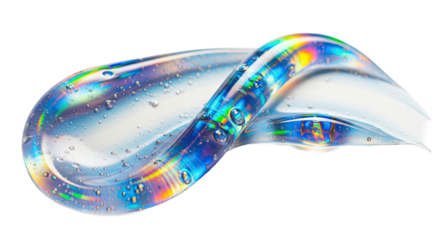 Holographic cosmetic gel smear forming futuristic curve on white