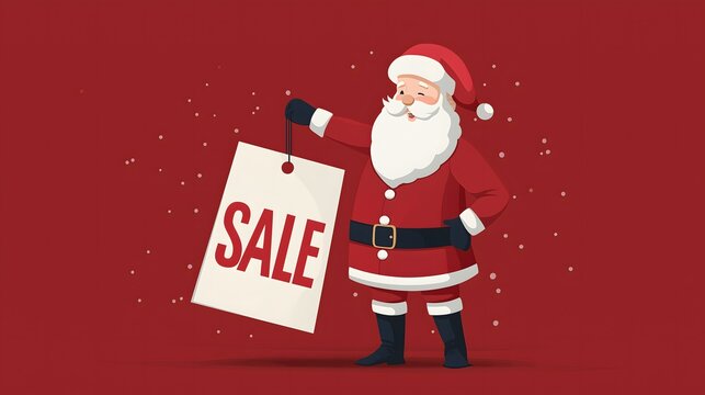Cartoon Santa Claus holding a sale sign board on clean red background – Merry Christmas