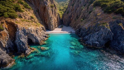 Fototapeta premium Coastal scenery with a secluded beach and turquoise water.