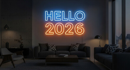 Neon sign displaying hello 2026 illuminates a modern living room at twilight, creating a cozy and inviting atmosphere for the upcoming new year
