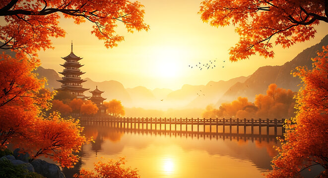 A scenic view of a traditional pagoda and bridge over water at sunset, framed by vibrant autumn foliage