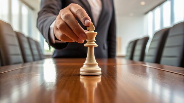 A business professional places a chess piece on a conference table, symbolizing strategy and decision-making in a corporate setting.
