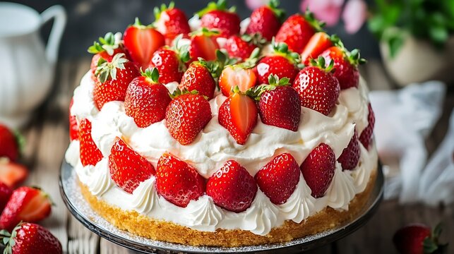 Vanilla cake with cream and strawberries - Powered by Adobe
