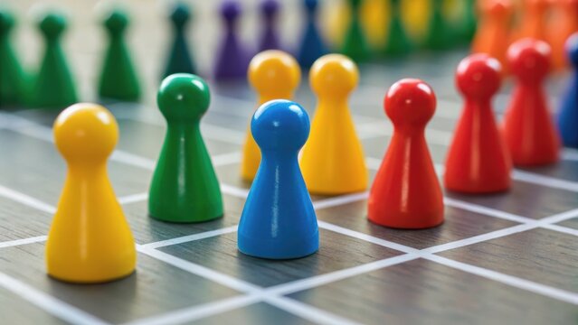 Colorful game pieces arranged on a board, representing strategy and competition in a playful setting.