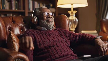 A man sits comfortably in a chair, his eyes closed as he focuses intently on the music streaming through his headphones, perfectly capturing the concept of personal listening and connection to.