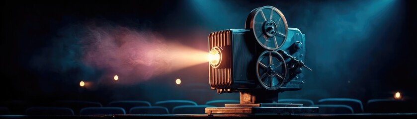 Old cinema projector operating with film concept. Vintage film projector casting light in a dim theater setting.