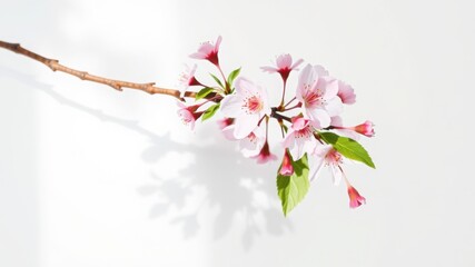 Obraz premium Delicate Cherry Blossom Branch on White Background - A Springtime Still Life.
