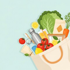 A vibrant illustration showcasing a reusable canvas bag overflowing with fresh produce, zero-waste products, and eco-friendly items for sustainable living.