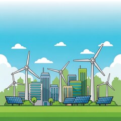 A vibrant illustration of a sustainable city powered by renewable energy, featuring wind turbines and solar panels amidst modern buildings and lush green landscapes. Eco-friendly urban living.