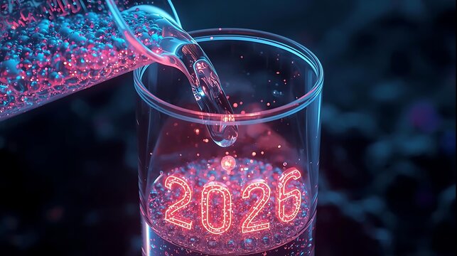 Pouring liquid into a glass with glowing 2026 numbers futuristic new year concept.