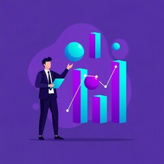 Professional businessman analyzing modern 3D data charts and graphs on a vibrant purple background. Ideal for business intelligence, marketing analytics, and financial reports.